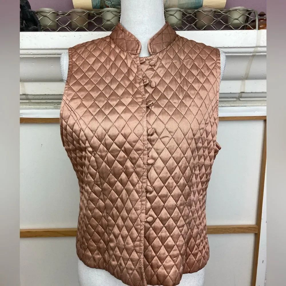 Vintage Rose Gold Quilted Sleeveless Vest w/ covered buttons and frog closures